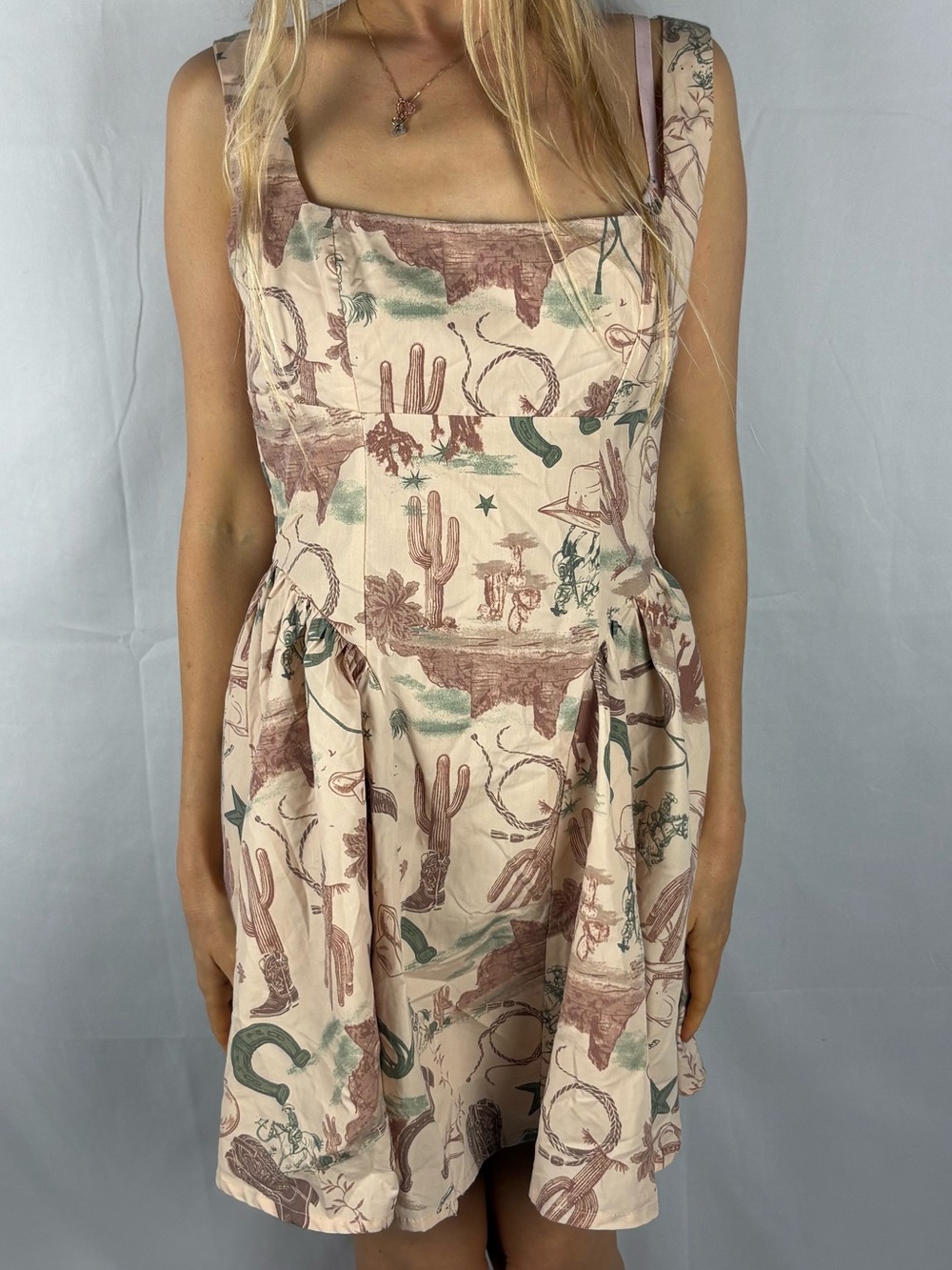 Western Country horse print earthy boho Festival mini dress S Artsy